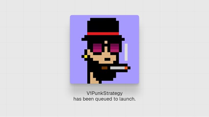 A pixel art avatar of a stylish character wearing a black top hat with a red band, purple sunglasses, and smoking a cigarette, with text below stating 'V1PunkStrategy has been queued to launch.'