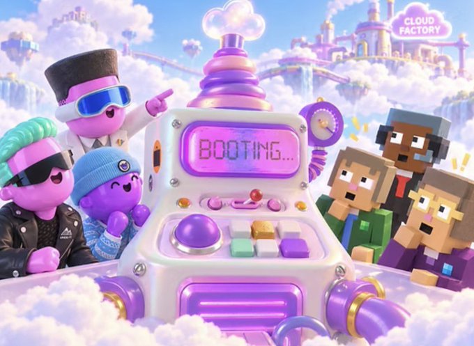 A colorful 3D animated scene featuring purple characters and blocky figures gathered around a machine displaying 'BOOTING...' with 'CLOUD FACTORY' visible in the background.