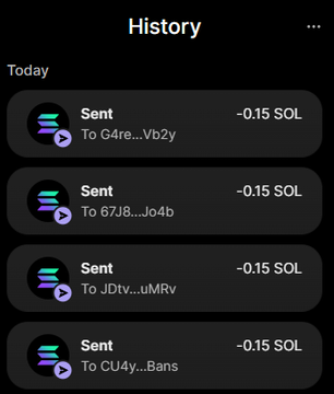 A screenshot of a Solana wallet transaction history showing four "Sent" transfers today, each worth -0.15 SOL, sent to recipients with addresses ending in Vb2y, J04b, uMRv, and Bans. The image serves as visual proof supporting the poster's claim of sending money to multiple people, as mentioned in their giveaway-style post asking followers who hasn't won yet to like and comment.