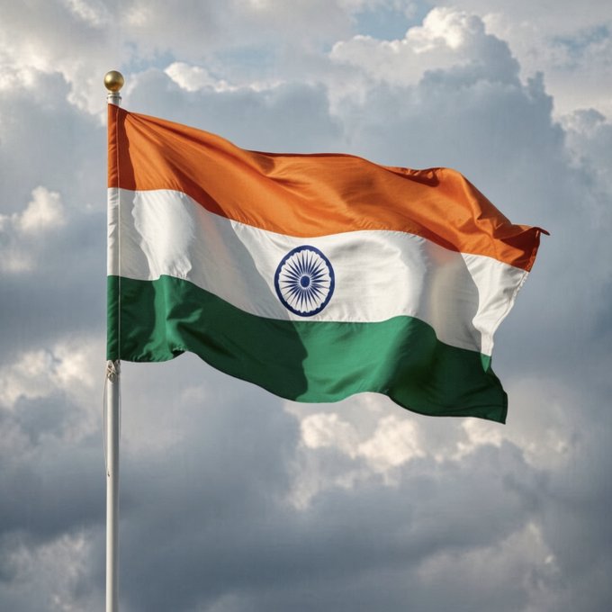The national flag of India waves against a cloudy sky, its saffron, white, and green bands with the central Ashoka Chakra emblem symbolizing the country whose financial regulators are pioneering tokenized corporate bond issuance. The flag visually anchors the post's announcement of three Indian issuers surpassing $100 million in tokenized bond offerings under SEBI's Demat 2.0 pilot.