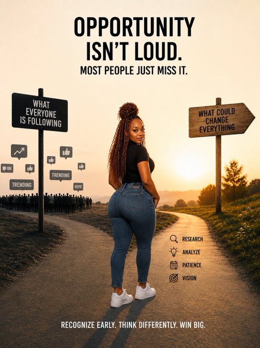 A motivational graphic featuring a woman standing at a crossroads, with signs reading 'WHAT EVERYONE IS FOLLOWING' and 'WHAT COULD CHANGE EVERYTHING', captioned 'OPPORTUNITY ISN'T LOUD. MOST PEOPLE JUST MISS IT.'