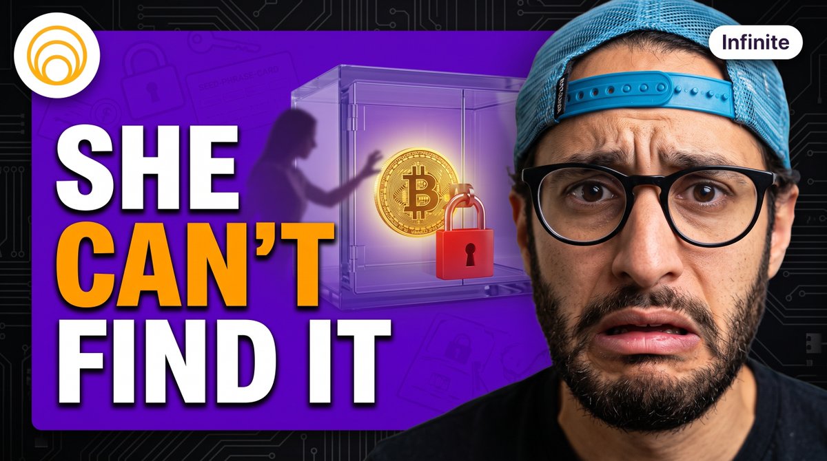 A YouTube thumbnail featuring a shocked man in glasses and a blue cap beside bold text reading "SHE CAN'T FIND IT," with a Bitcoin locked inside a transparent safe being reached for by a shadowy figure, illustrating the post's warning that lost Bitcoin often results from dying without a proper inheritance plan rather than theft.
