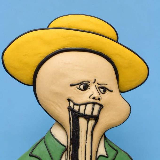 A drawing of a figure wearing a wide yellow hat, featuring a distorted face with a wide, toothy grin and long black liquid streaming down from the mouth, set against a blue background.