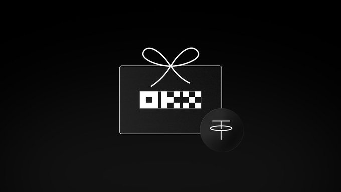 A black graphic features a checkered "OKX" logo inside a gift box with a bow, alongside a circular emblem with a symbol. The image visually represents the OKX giveaway winners announcement, with the brand's logo styled as a "gift" fitting the post about awarding contest winners.