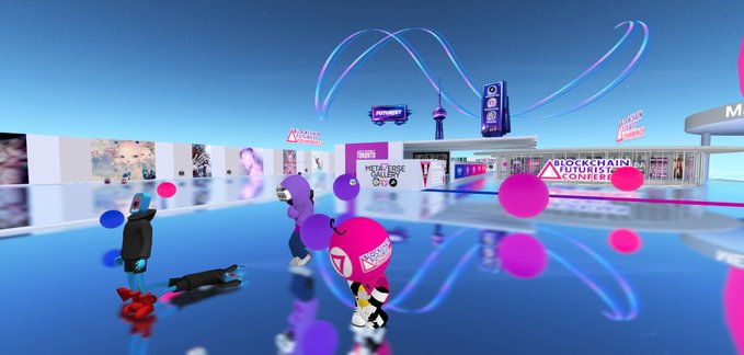 A virtual reality scene with avatars in a colorful digital environment featuring 'Stockholm Future Konfers' signage and pink floating spheres.