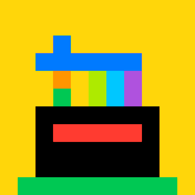 A pixel art composition on a yellow background featuring a black rectangle with a red bar, topped by multicolored vertical strips and a blue T-shaped element, sitting on a green base.