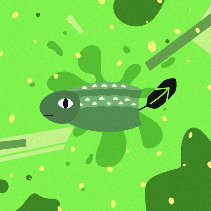 A stylized digital illustration of a whimsical green creature resembling a fish with spikes, featuring a single large eye and a black tail with a green arrow pattern, set against a vibrant green background with abstract shapes.