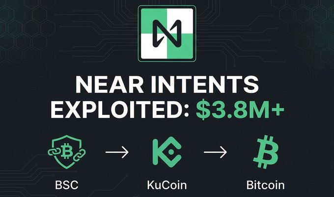 A graphic announcing that Near Intents was exploited for over $3.8M, illustrating the attack path from BSC to KuCoin to Bitcoin.