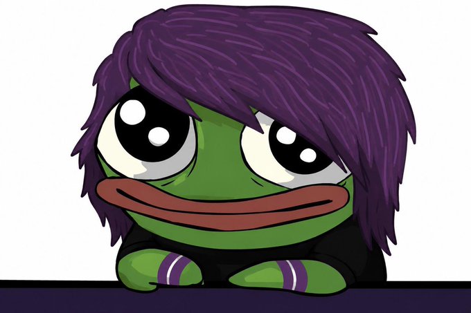 A cartoon-style illustration of a green frog character with large, sad eyes and shaggy purple hair, wearing a black shirt and peeking over a dark ledge.