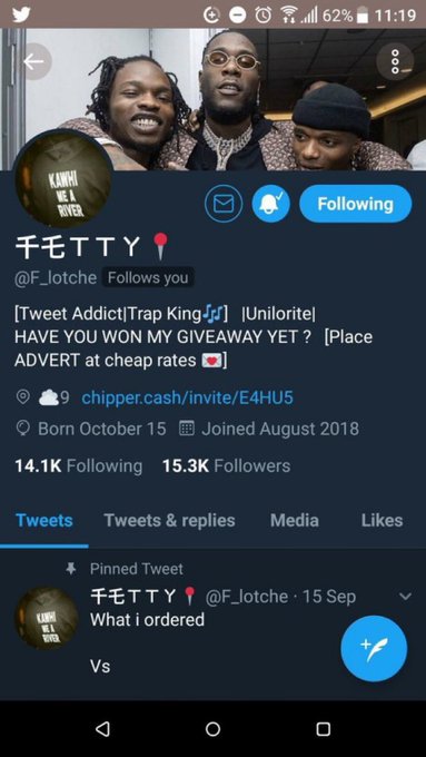 A screenshot of Fetty's (@F_Jotche) X (formerly Twitter) profile, displaying his handle, 15.3K followers, pinned tweet "What i ordered," and profile banner with a "Know Me & Never" logo. The image relates to the caption by revealing that this is his original, lesser-known account despite him being a more prominent public figure.