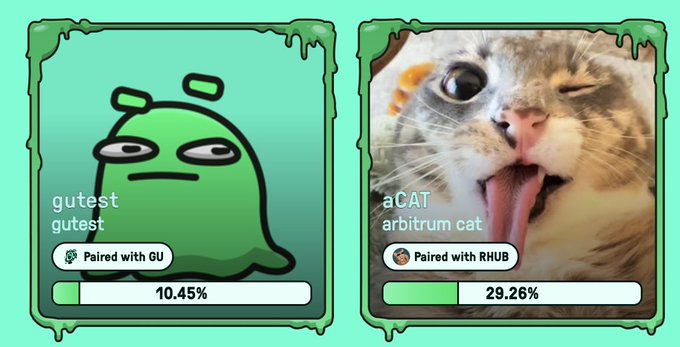 Two trading cards from gu_trade are displayed side-by-side: the "gutest" card featuring a green blob creature paired with GU at 10.45%, and the "aCAT" (arbitrum cat) card featuring a winking cat photo paired with RHUB at 29.26%. The image appears to answer a question about which coin was first paired with RHUB on the gu_trade platform.