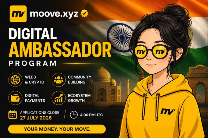 Advertisement for moove.xyz's 'Digital Ambassador Program' featuring an anime-style character with yellow MV sunglasses against an Indian flag backdrop, with applications closing 27 July 2026 at 4:00 PM UTC.