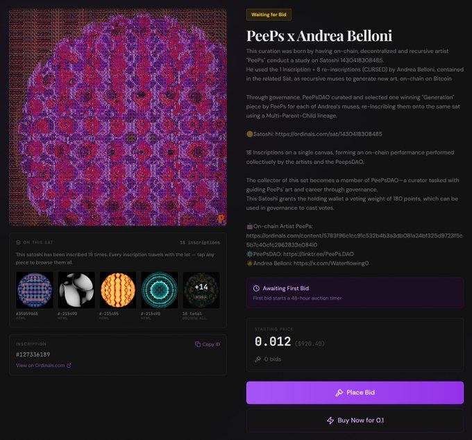 A digital marketplace listing for "PeePs x Andrea Belloni" featuring a complex purple and red patterned artwork, with text describing it as an on-chain collaboration using inscription 14304183084855, currently awaiting its first bid with a starting price of 0.012 ETH ($20.48).