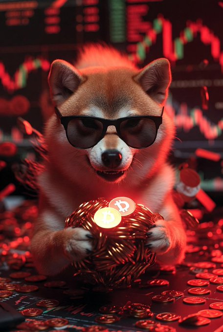 A 3D-rendered Shiba Inu wearing sunglasses and holding a pile of coins with Dogecoin logos, set against a red background featuring stock trading charts.