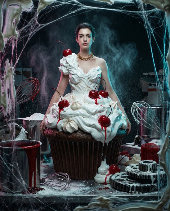 A surreal, gothic-style image of a woman with dark hair emerging from a giant cupcake, wearing a dress made of white frosting decorated with cherries, set in a cobweb-filled kitchen.