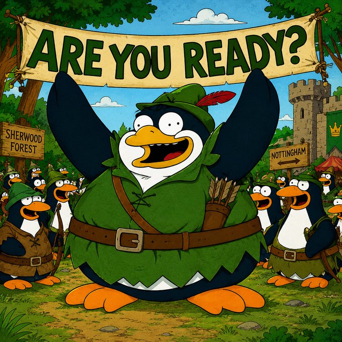 A cartoon illustration of penguins in Sherwood Forest costumes with one central penguin wearing a Robin Hood-style hat under a banner reading 'ARE YOU READY?'