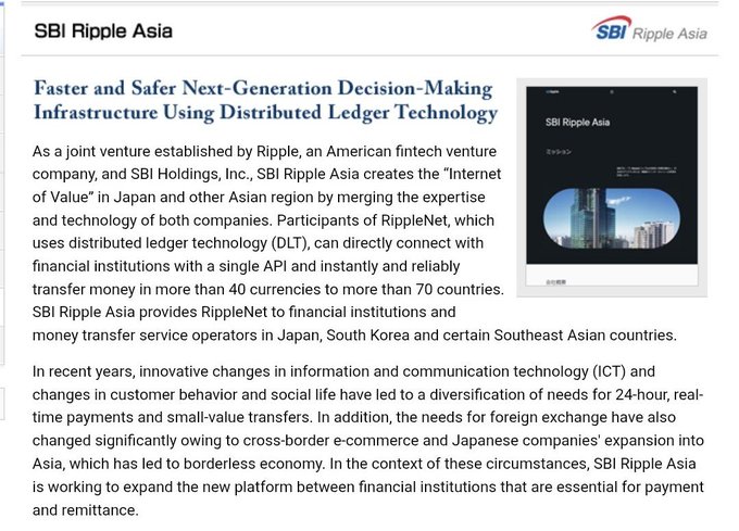 The image is a slide about SBI Ripple Asia, a joint venture between Ripple and SBI Holdings, promoting their "Internet of Value" initiative that uses distributed ledger technology (RippleNet) to enable faster cross-border money transfers between financial institutions in Japan, South Korea, and Southeast Asia. It features the SBI Ripple Asia logo and a webpage screenshot, aligning with the post's mention of XRP and the company's mission to transform global payments.