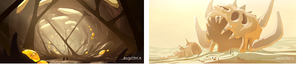 Two fantasy illustrations showing a cavernous environment with floating crystals on the left and a large, spiky monster on the right.