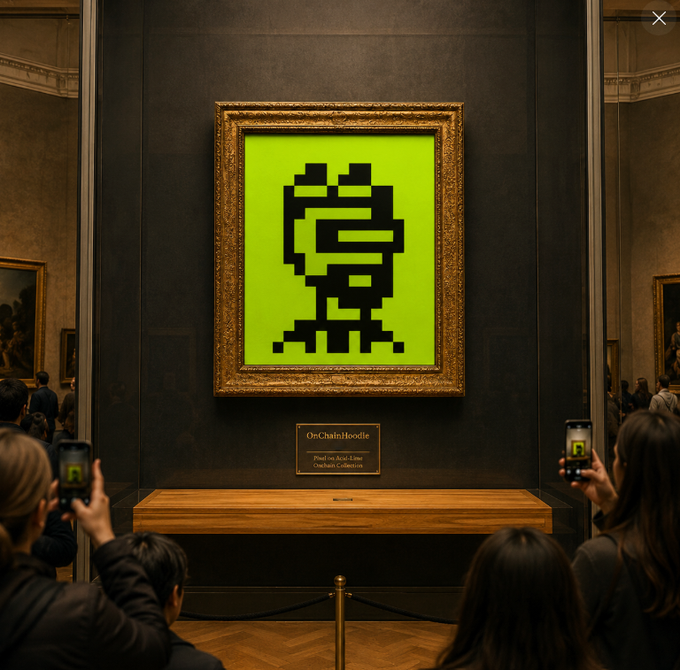 The image shows a pixelated green and black character displayed in an ornate gold frame within a museum-like gallery, with onlookers photographing it on their phones and a plaque reading "OnChainHoodie" beneath. The post celebrates the OnChainHoodies NFT collection's strong sales momentum, and the image visually reinforces the theme by presenting the hoodie character as a celebrated, gallery-worthy artwork, mirroring its rising status as holders and buyers flock to the project.