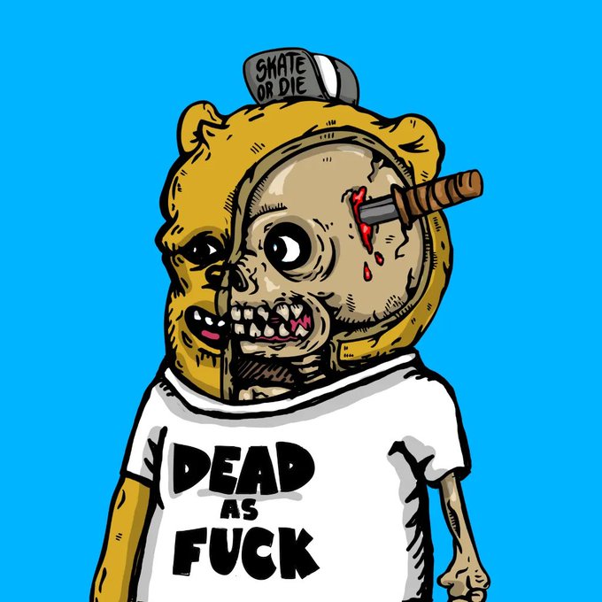 A cartoon illustration of a zombie-like bear character wearing a white shirt with 'DEAD AS FUCK' text and a hat reading 'SKATE OR DIE', with a knife in its head against a blue background.