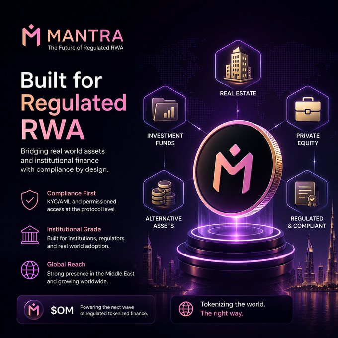 The focus area of the image is a coin called $OM that has been built for regulated RWA adoption. The post explains why investors are watching this coin by highlighting its compliance with regulatory requirements, such as KYC and institutional standards. It also mentions that the coin was built specifically for regulated RWA adoption, which sets it apart from other crypto projects focused on pure DeFi.