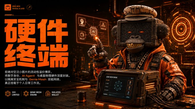 A promotional graphic for Genie Mesh Physical AI Labs hardware terminal, featuring a cyberpunk-style character with a television-head wearing a captain's hat and gold chains, alongside Chinese text '硬件终端'.