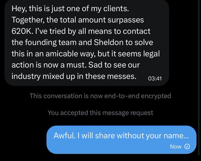 A Signal message at 03:41 describes a client with over $620K impacted, with the sender stating they attempted to contact the founding team and "Sheldon" to resolve it amicably but legal action may be necessary, to which the reply reads "Awful. I will share without your name..." This screenshot illustrates the post's claim of nearly $600K being stuck, shared in the context of tagging @BitMartExchange.