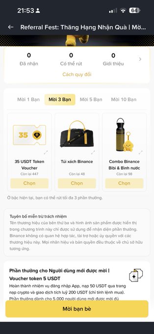 A mobile app screen in Vietnamese for a "Referral Fest" shows a Binance promotion offering rewards like "35 USDT Token Voucher" and a "Túi xách Binance" for inviting 3 friends.