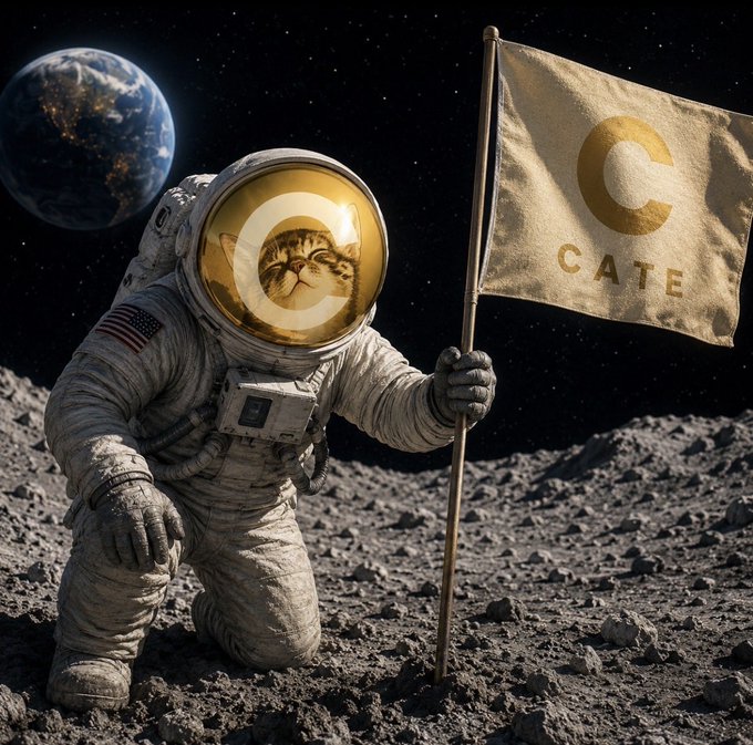 An astronaut cat plants a "CATE" flag on the moon's surface with Earth visible in the background, humorously symbolizing the start of a crypto bull run and the next milestone being $100M.