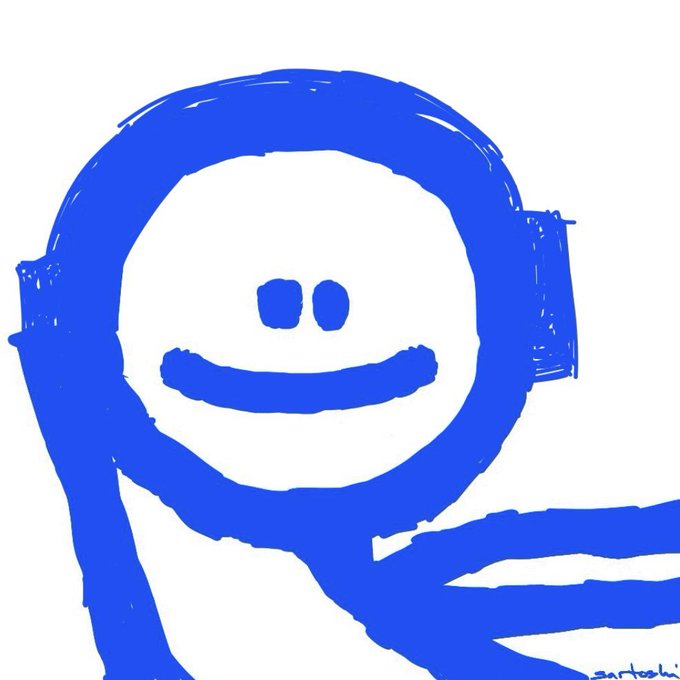 A blue stick-figure style drawing of a smiling person wearing headphones, drawn with rough, marker-like strokes on a white background.