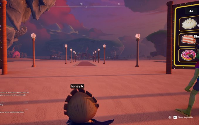 A screenshot from a video game showing a character with blonde hair looking out over a pink-sand landscape lined with lit lampposts, with a speech bubble reading 'honey b.' and various on-screen UI elements and chat text.