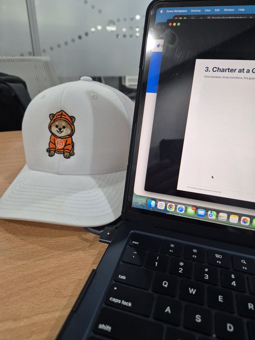 A white baseball cap featuring an embroidered dog logo sits next to a laptop displaying a Zoom meeting on the screen.