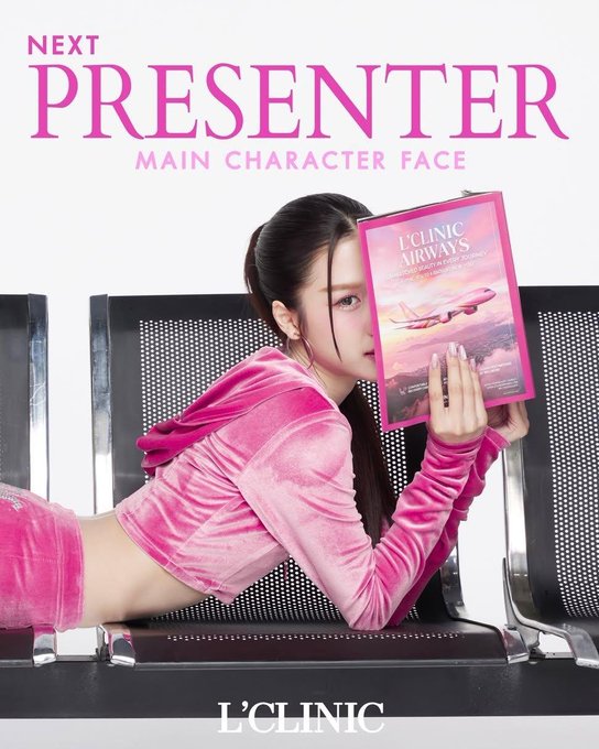 A promotional poster for L'CLINIC features a woman in a pink velvet hooded outfit lying on metallic chairs while holding up a magazine titled 'L'CLINIC AIRWAYS,' with text reading 'NEXT PRESENTER MAIN CHARACTER FACE' and 'L'CLINIC.'