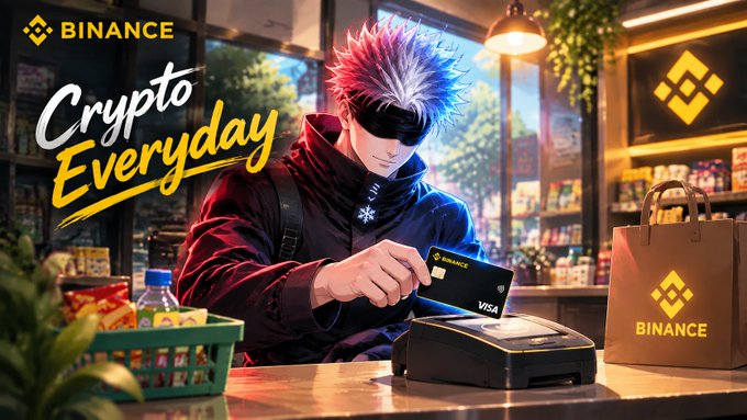 Advertisement for Binance featuring an anime-style character with spiky red and white hair at a checkout counter with a Visa Binance card, payment terminal, and Binance shopping bag, with text reading 'Crypto Everyday'.