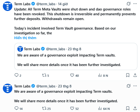 Two tweets from Term Labs (@term_labs) reporting a governance exploit impacting Term vaults, with an update stating all Term Meta Vaults were shut down, DAO governance roles revoked, and withdrawals remain open.