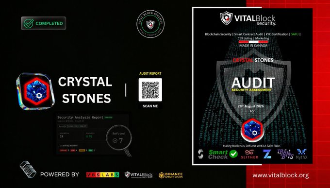 A 'COMPLETED' VitalBlock Security audit certificate for 'CRYSTAL STONES' dated 28th August 2026, featuring a QR code, security report showing 19 critical issues (0 fixed), and logos for V-Labs, VitalBlock, Binance Smart Chain, and Smart Check.