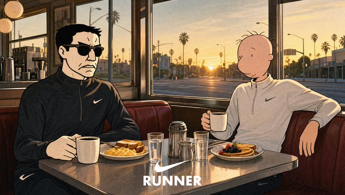 An illustrated scene shows two cartoon figures in Nike athletic wear sitting in a diner booth during a palm-lined sunset, sharing breakfast plates of eggs, pancakes, and coffee. The word "RUNNER" appears at the bottom of the image, tying into the post's theme of a post-run brunch.