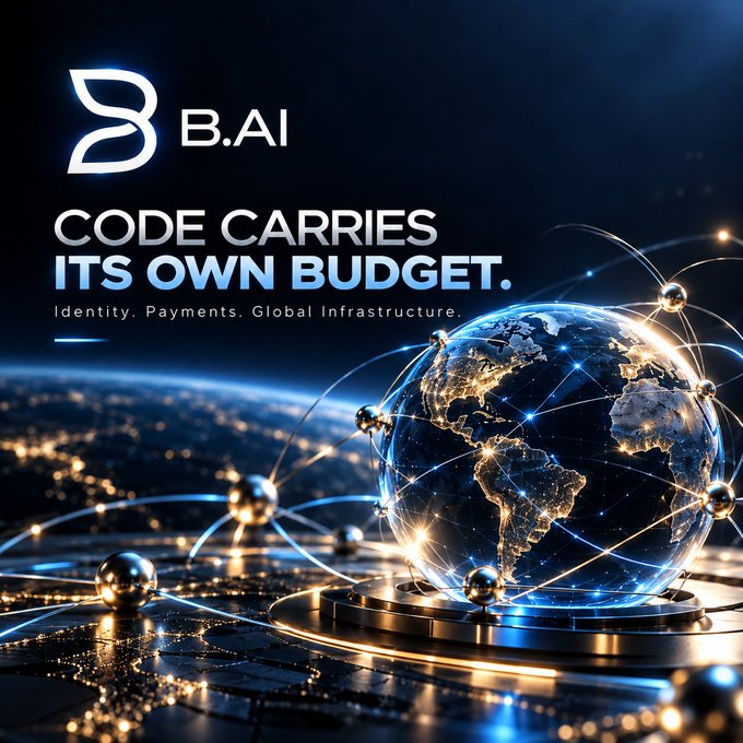 A promotional graphic for B.AI features a glowing blue and gold globe surrounded by interconnected orbital rings and metallic spheres, symbolizing global connectivity and infrastructure. Bold white text on the left reads "B.AI" beside a stylized "B" logo, with the headline "CODE CARRIES ITS OWN BUDGET." and the tagline "Identity. Payments. Global Infrastructure." beneath it. The interlinked globe visually reinforces the post's message about agents autonomously paying for compute, data, and services across a worldwide economic layer.