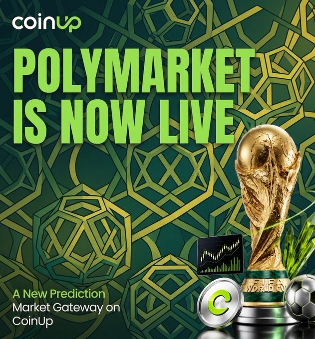 The image features a gold trophy with a soccer ball next to it, along with other sports balls scattered around. The text "Football Fever just hit a whole new level" suggests that the image captures an exciting moment during the FIFA World Cup. The post also mentions a market gateway on CoinUp, which could be related to the sports-themed image or another topic.