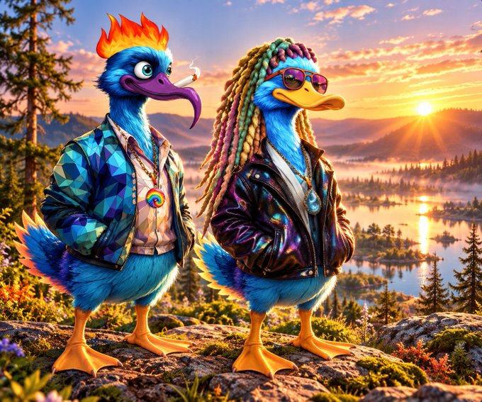 A digital illustration of two anthropomorphic blue birds wearing modern clothing and accessories, standing on a rocky outcrop overlooking a lake at sunset.