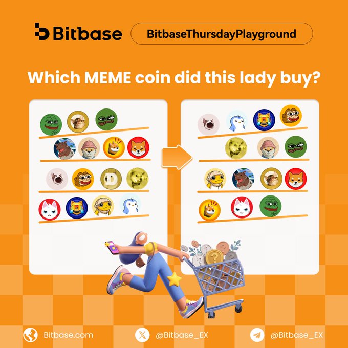 A Bitbase "Thursday Playground" puzzle shows a cartoon lady pushing a shopping cart filled with coins, comparing two shelves of meme coins (featuring Pepe, Doge, Shiba, Wojak, and others) in a before-and-after sequence to ask viewers which meme coin she purchased. The post invites followers of @Bitbase_EX to comment their answer with #BitbaseGems for a chance to win 50 USDT.