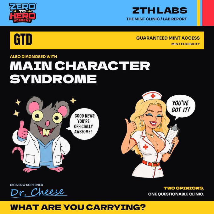 A "ZERO TO HERO ACADEMY" graphic styled as a "ZTH LABS" report, diagnosing "MAIN CHARACTER SYNDROME" with cartoon characters of a doctor mouse and a nurse, asking "WHAT ARE YOU CARRYING?"