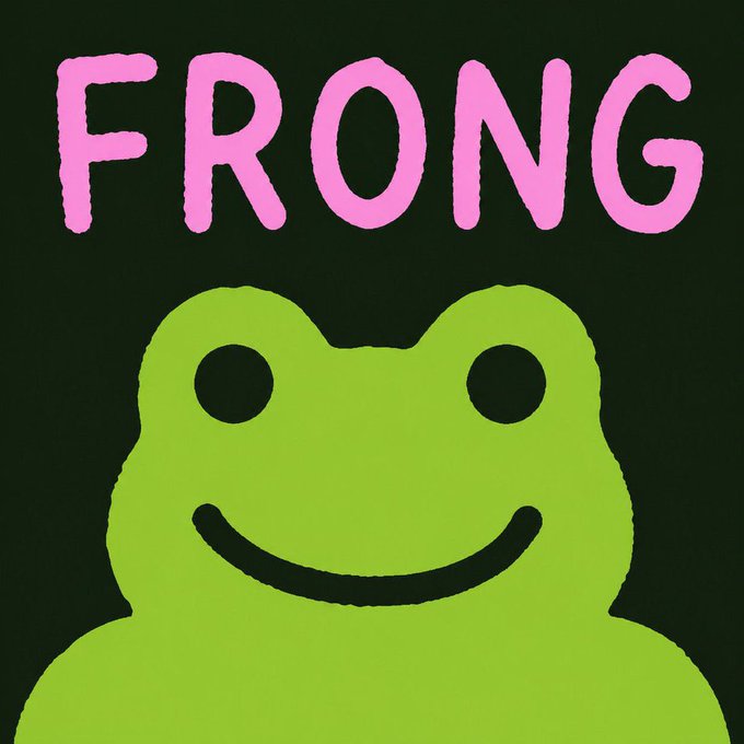 A simple cartoon graphic featuring a green smiling frog face beneath the word 'FRONG' written in thick pink letters against a black background.
