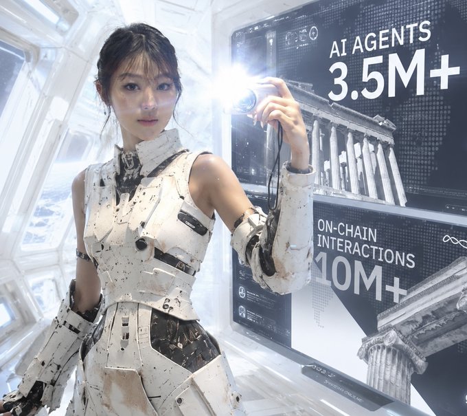 A futuristic female robot holding a flashlight, with on-screen text reading "AI AGENTS 3.5M+" and "ON-CHAIN INTERACTIONS 10M+".