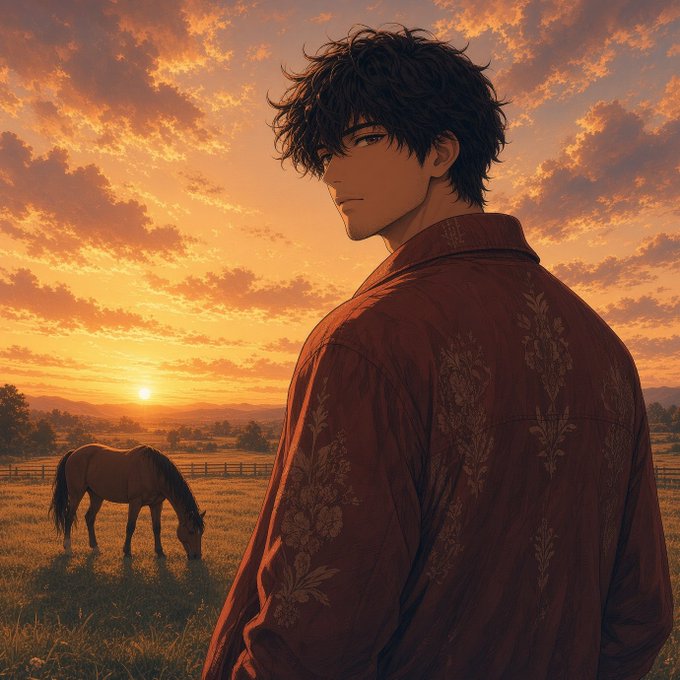 Anime-style illustration of a young man with dark tousled hair wearing a red shirt with floral patterns, standing in a grassy field at sunset with a brown horse grazing in the background.