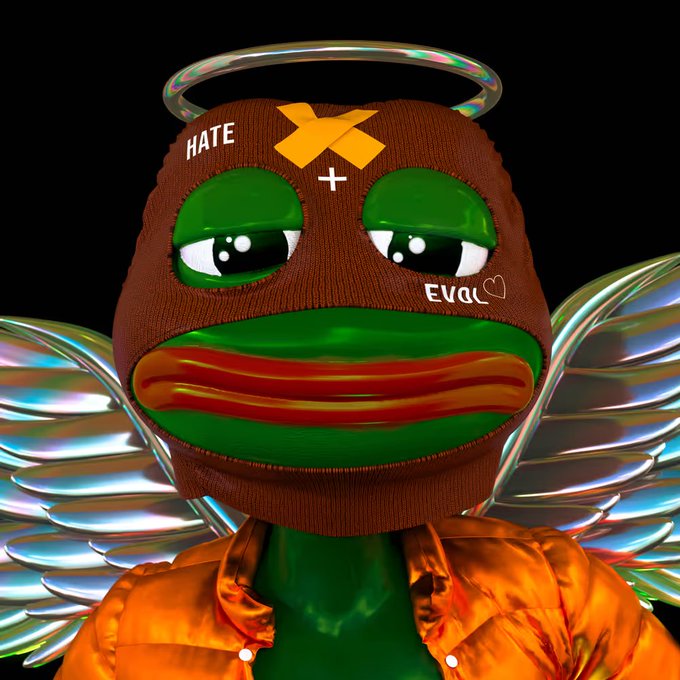 A 3D rendering of a Pepe the Frog character wearing a brown ski mask with the words "HATE" and "EVAL" written on it, featuring iridescent wings and a halo.