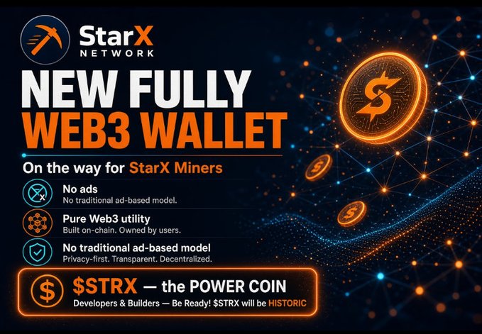 A promotional graphic for StarX Network announcing a new fully Web3 wallet in development, highlighting features like "No ads," "Pure Web3 utility," and positioning "$STRX — the POWER COIN" for developers and builders. The image visually reinforces the post's message about a privacy-first, decentralized wallet powered by $STRX for the StarX mining community and beyond.