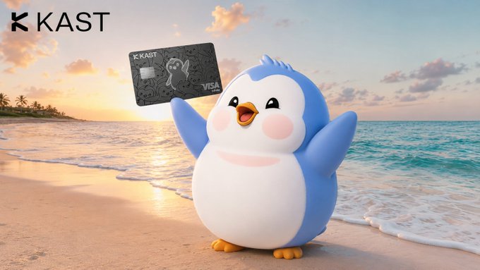The image features a penguin figurine standing on a beach holding a credit card. The penguin is depicted with its arms raised high above its head, as if celebrating or expressing joy. The background of the image shows a beautiful sunset over the ocean, creating a serene and picturesque setting for this scene.