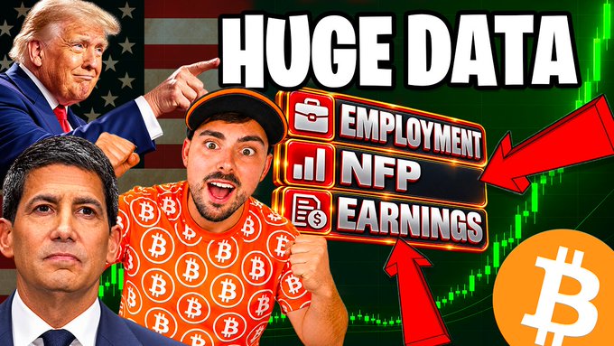 A YouTube-style thumbnail titled 'HUGE DATA' featuring images of Donald Trump, Jerome Powell, and a man in a Bitcoin shirt, alongside graphics for 'EMPLOYMENT', 'NFP', and 'EARNINGS' on a green stock chart background.