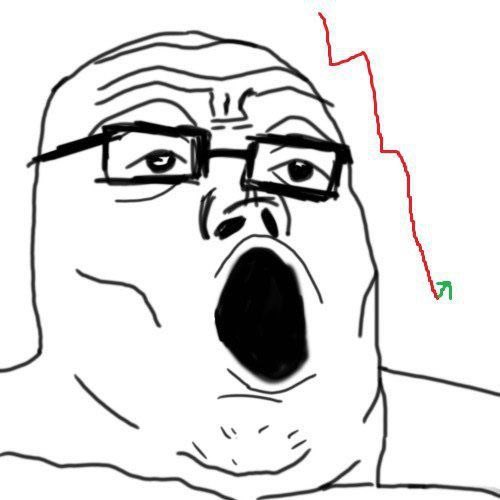 A crude line drawing of a bald, bespectacled figure with an open mouth, screaming or gasping in shock, with a red downward-trending chart line and green arrow pointing down beside him—capturing the panic of "Crypto bros this week" as prices plummet.